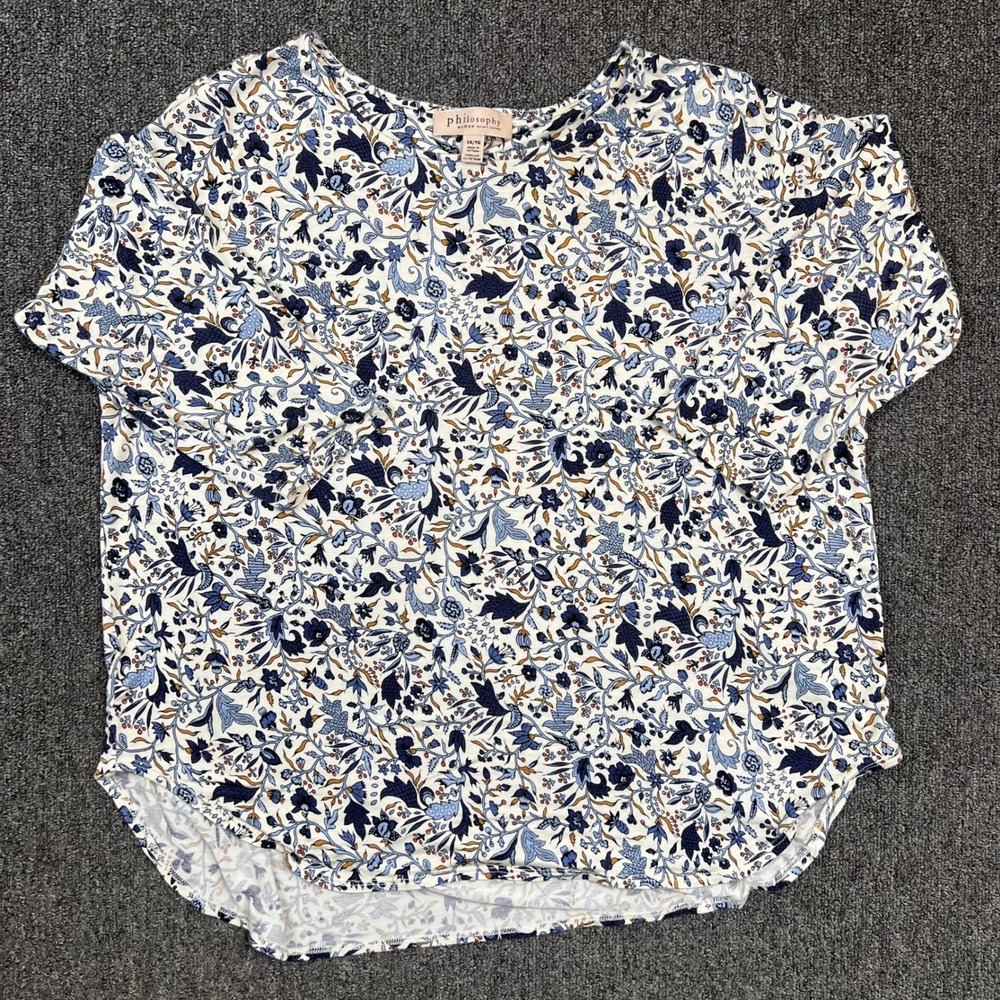 Philosophy Woman Floral Blouse 1X Blue White Botanical Scoop Neck Curvy Top — photo 2